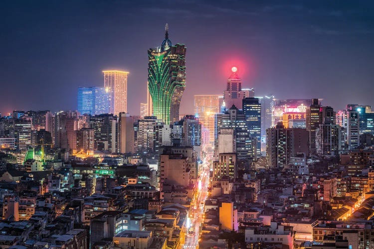 Macau skyline at night with view of the Grand Lisboa casino