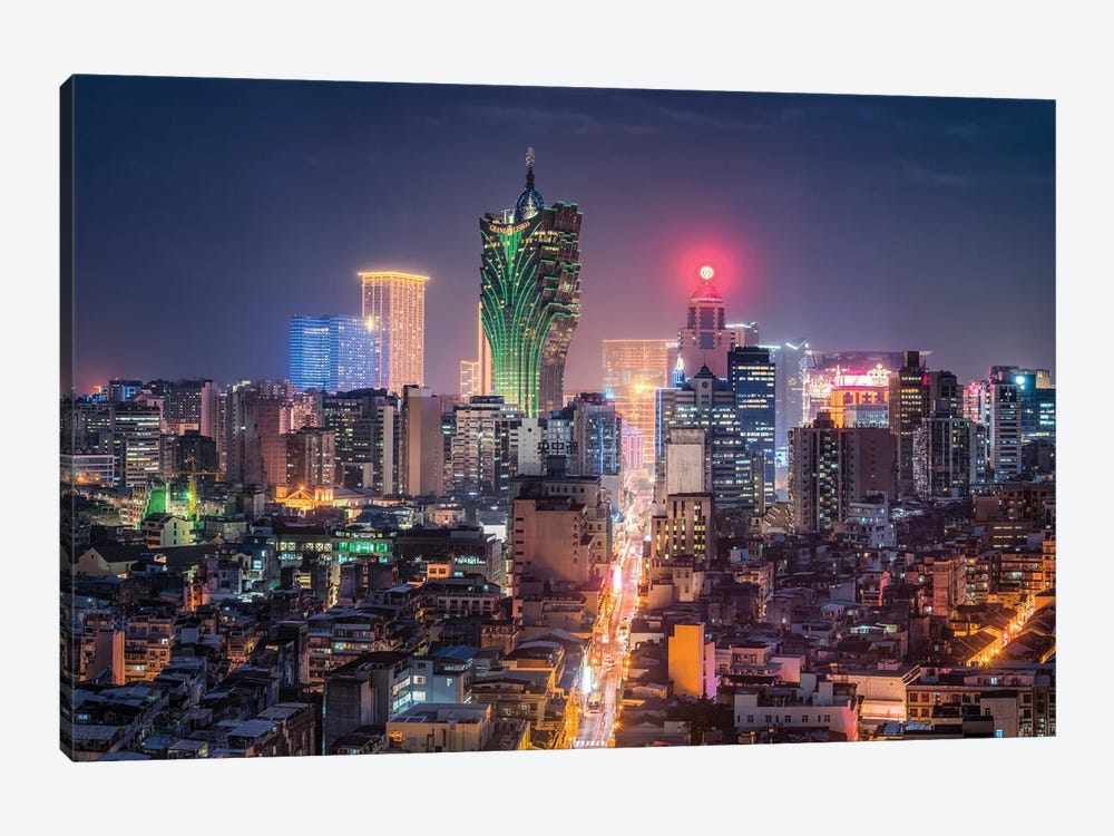 Macau skyline at night with view of the Grand Lisboa casino by Jan Becke 1-piece Canvas Art Print