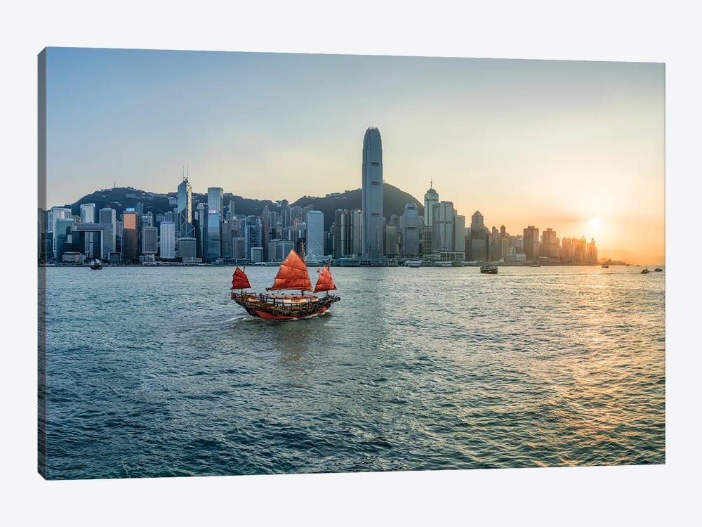 Traditional Chinese junk boat at Victoria Harbour, Hongkong, China by Jan Becke 1-piece Canvas Art Print