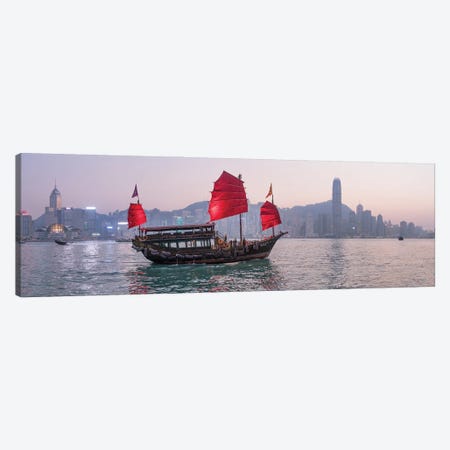 Junk boat in front of the Hongkong skyline, Victoria Harbour, Hongkong, China Canvas Print #JNB547} by Jan Becke Art Print