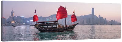 Junk boat in front of the Hongkong skyline, Victoria Harbour, Hongkong, China Canvas Art Print - Hong Kong Art
