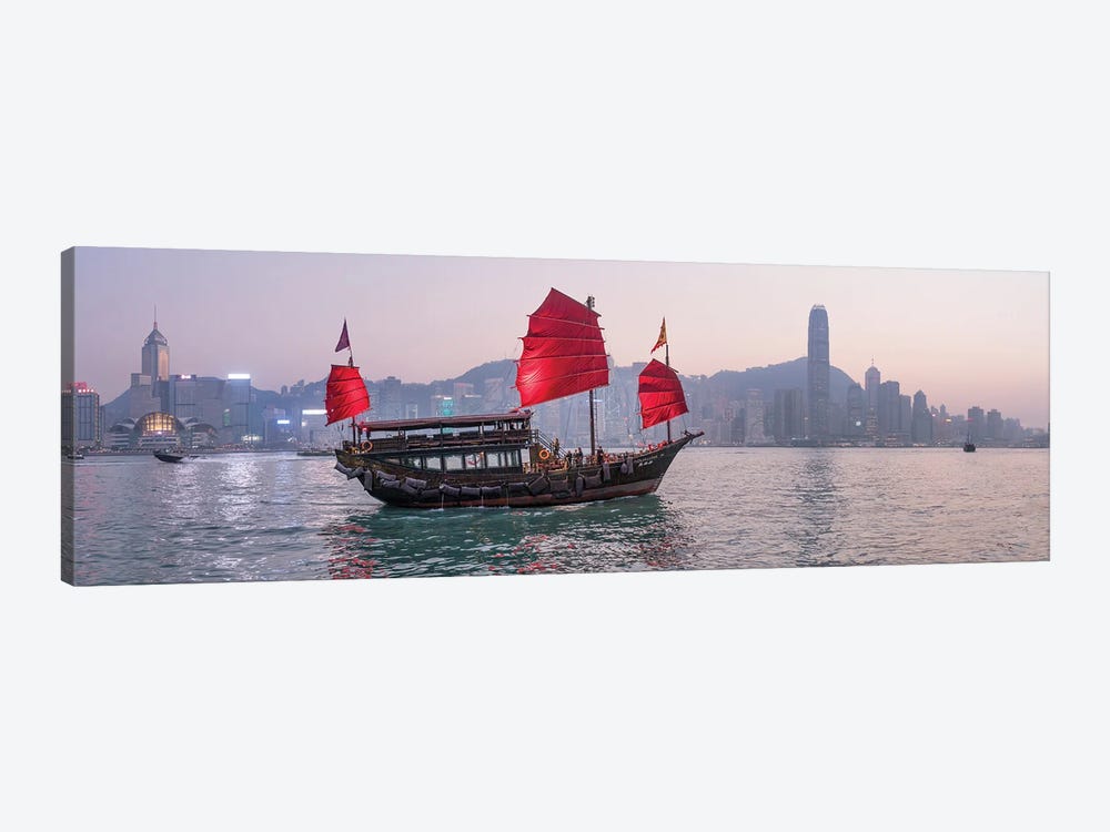Junk boat in front of the Hongkong skyline, Victoria Harbour, Hongkong, China by Jan Becke 1-piece Canvas Wall Art