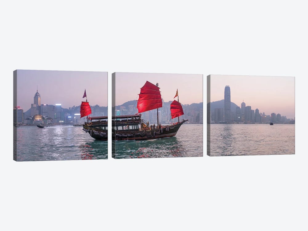 Junk boat in front of the Hongkong skyline, Victoria Harbour, Hongkong, China by Jan Becke 3-piece Canvas Artwork