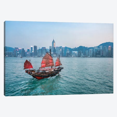 Junk boat with red sail at Victoria Harbour, Hongkong, China Canvas Print #JNB548} by Jan Becke Canvas Wall Art