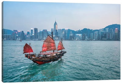 Junk boat with red sail at Victoria Harbour, Hongkong, China Canvas Art Print - China Art