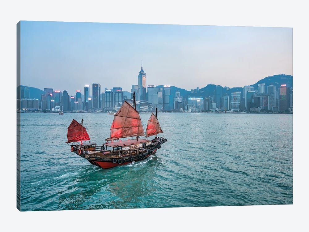 Junk boat with red sail at Victoria Harbour, Hongkong, China by Jan Becke 1-piece Canvas Art Print