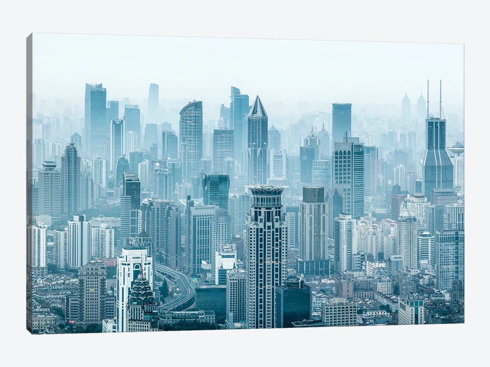 Shanghai cityscape in fog by Jan Becke 1-piece Canvas Artwork