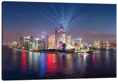 Pudong skyline lightshow, Shanghai, China Canvas Art Print - Shanghai