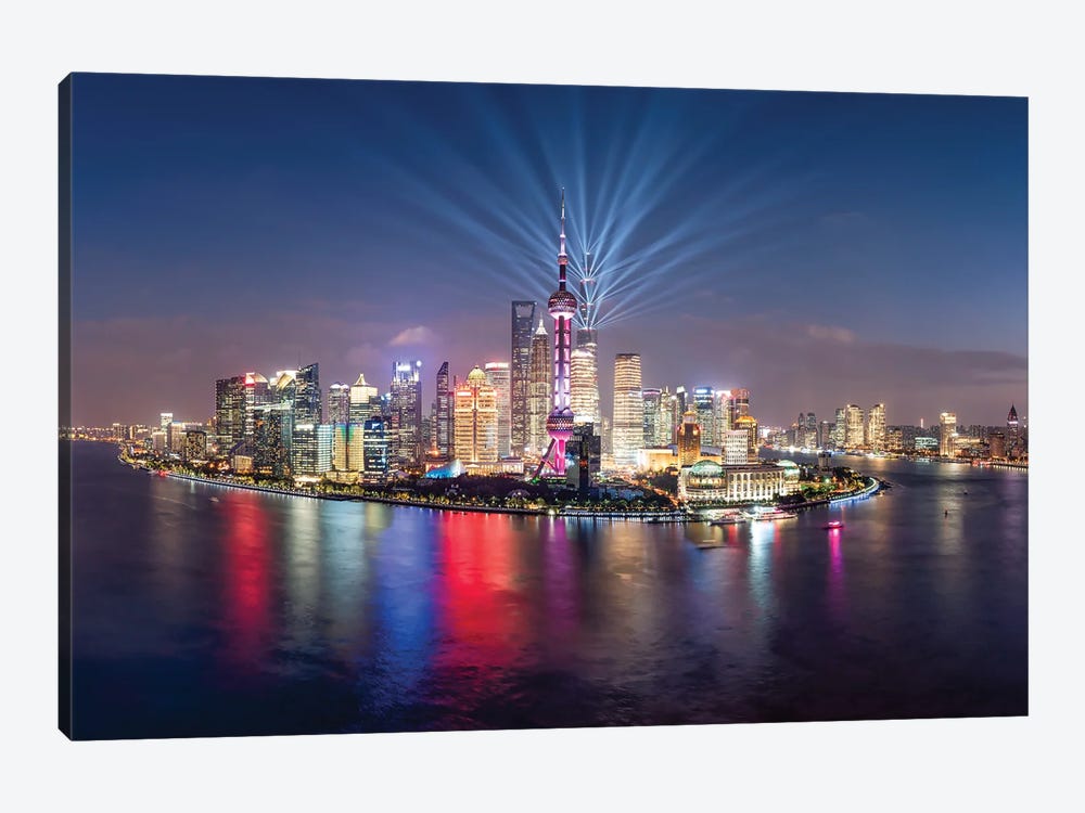Pudong skyline lightshow, Shanghai, China by Jan Becke 1-piece Art Print