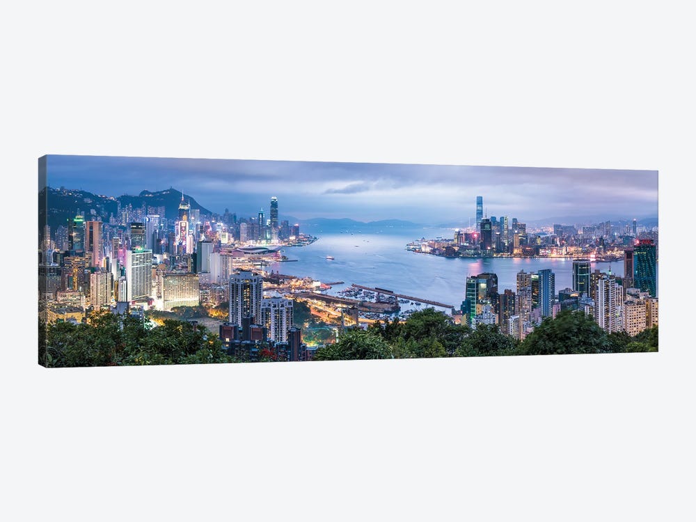Hong Kong skyline panorama at night by Jan Becke 1-piece Canvas Artwork