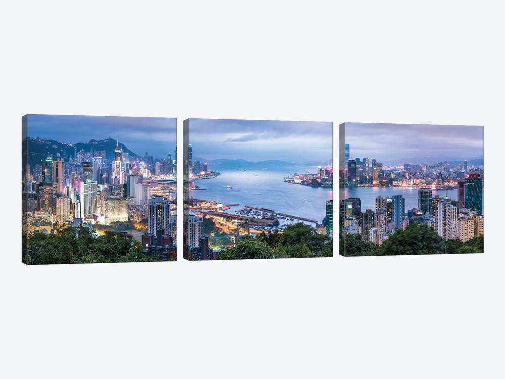 Hong Kong skyline panorama at night by Jan Becke 3-piece Canvas Artwork