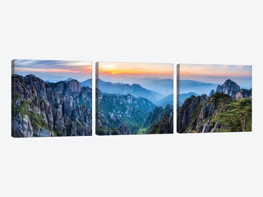 Panoramic view of the Huangshan landscape at sunrise by Jan Becke 3-piece Canvas Wall Art