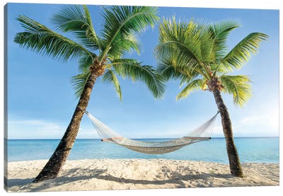 Hammock Between Two Palm Trees Canvas Art Print - Tropical Beach Art