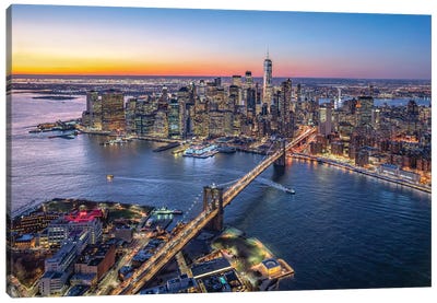 Aerial view of Lower Manhattan and Brooklyn Bridge, New York City, USA Canvas Art Print - Famous Bridges