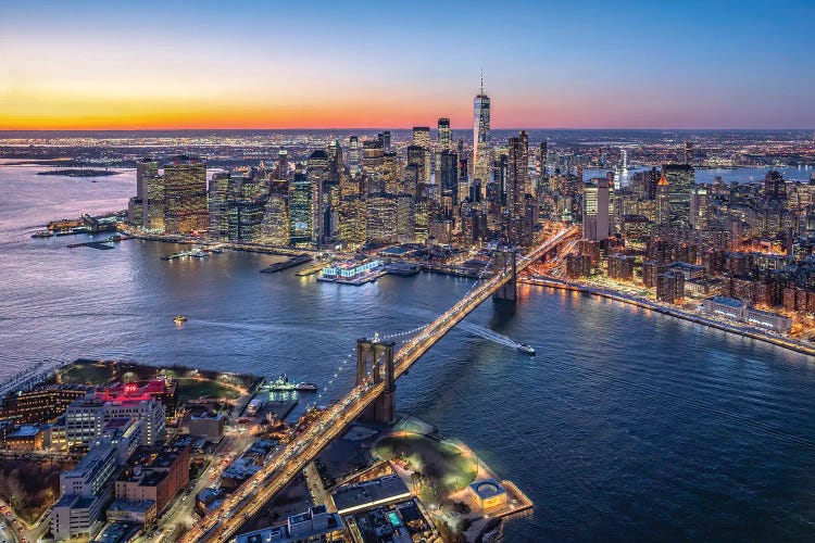 Aerial view of Lower Manhattan and Brooklyn Bridge, New York City, USA