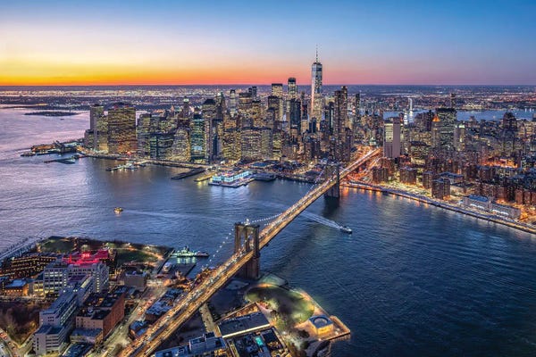 Brooklyn: Aerial view of Lower Manhattan and Brooklyn Bridge, New York City, USA by Jan Becke