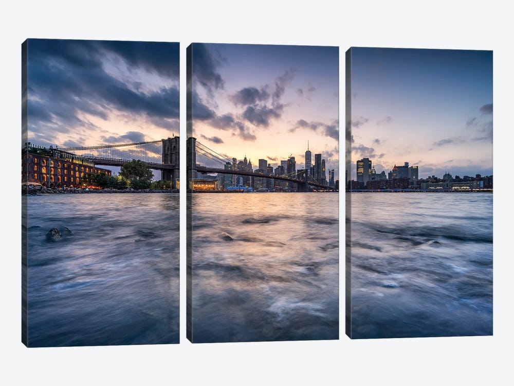 Brooklyn Bridge and Manhattan Skyline along the East River at sunset by Jan Becke 3-piece Canvas Print