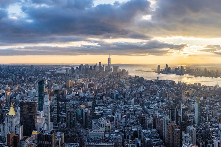 Lower Manhattan skyline at sunset