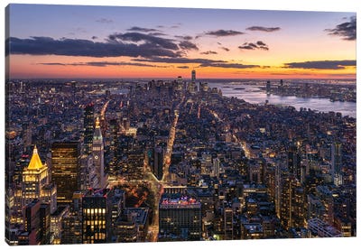 Aerial view of Lower Manhattan Canvas Art Print - City Sunrise & Sunset Art