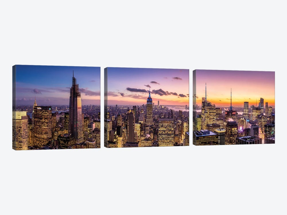 Manhattan skyline panorama at dusk by Jan Becke 3-piece Canvas Art Print