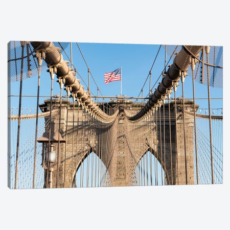 Brooklyn Bridge with American flag Canvas Print #JNB658} by Jan Becke Canvas Artwork