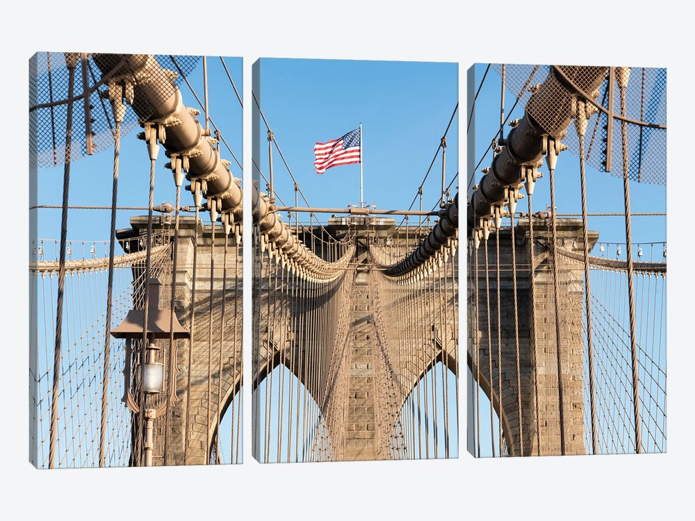 Brooklyn Bridge with American flag by Jan Becke 3-piece Canvas Wall Art
