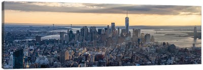 Lower Manhattan skyline panorama at sunset, New York City, USA Canvas Art Print - Aerial Photography