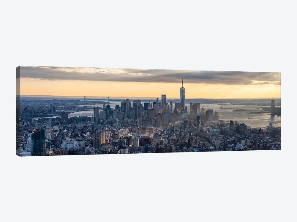 Lower Manhattan skyline panorama at sunset, New York City, USA by Jan Becke 1-piece Canvas Art Print