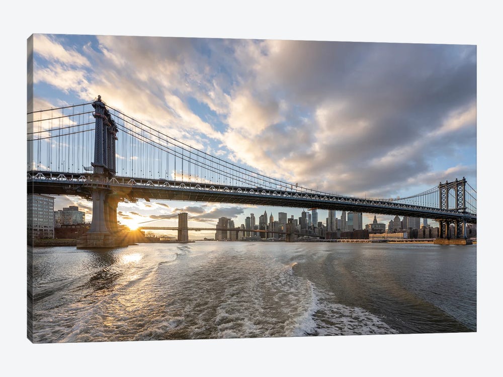 Manhattan Bridge and Brooklyn Bridge at sunset, New York City, USA by Jan Becke 1-piece Canvas Wall Art