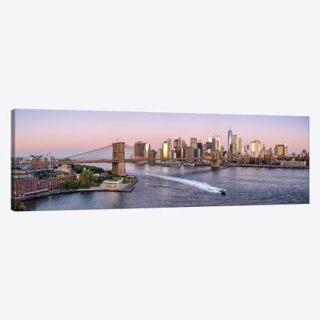 Manhattan skyline panorama with Brooklyn Bridge and East River at sunrise Canvas Print #JNB671} by Jan Becke Canvas Artwork
