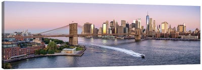 Manhattan skyline panorama with Brooklyn Bridge and East River at sunrise Canvas Art Print - Brooklyn Bridge