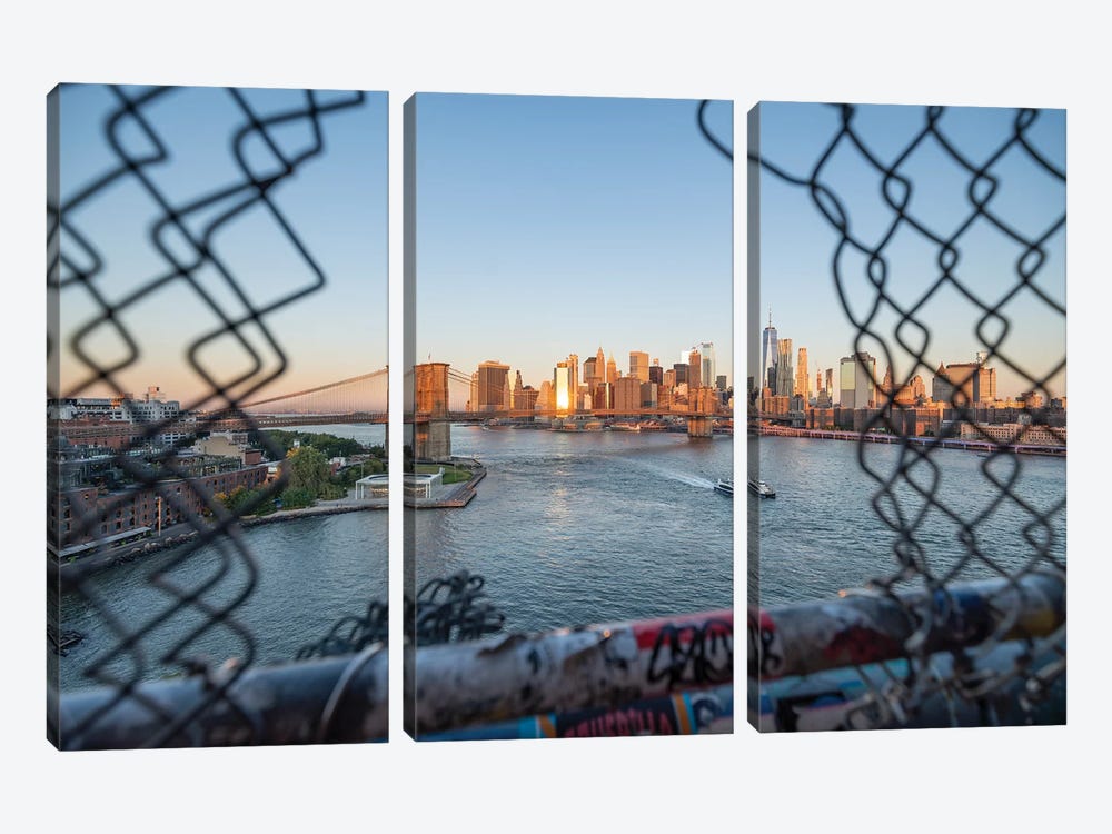 Manhattan Skyline And Brooklyn Bridge Seen From The Manhattan Bridge by Jan Becke 3-piece Canvas Art Print
