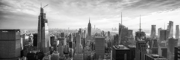 New York City Skylines: New York City Skyline Panorama In Black And White by Jan Becke
