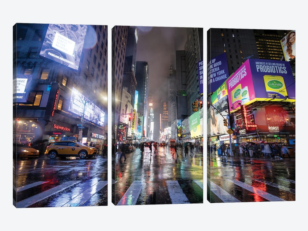 Times Square On A Rainy Day, New York City, USA by Jan Becke 3-piece Canvas Wall Art