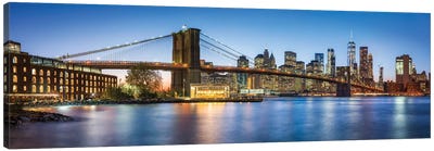Brooklyn Bridge Panorama At Dusk Canvas Art Print - New York City Skylines