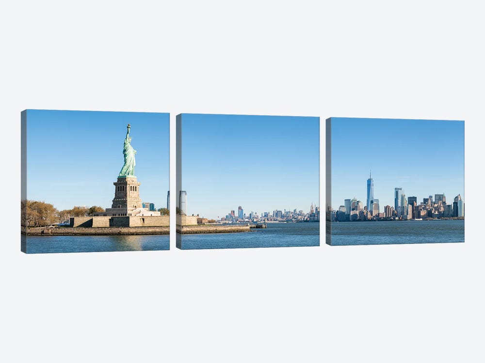 Liberty Island With Statue Of Liberty And Manhattan Skyline In The Background by Jan Becke 3-piece Canvas Artwork