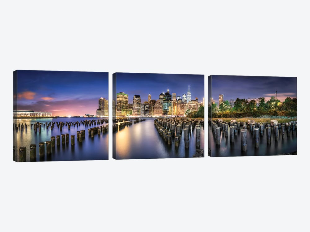 Manhattan Skyline Panorama At Night Seen From Brooklyn Bridge Park - Pier 1 by Jan Becke 3-piece Art Print