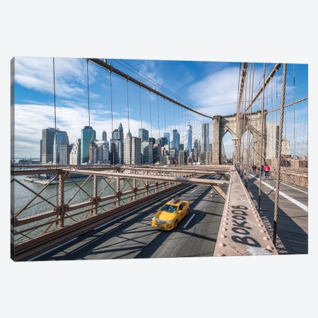 Yellow Cab Crossing The Brooklyn Bridge In New York City Canvas Print #JNB764} by Jan Becke Canvas Print