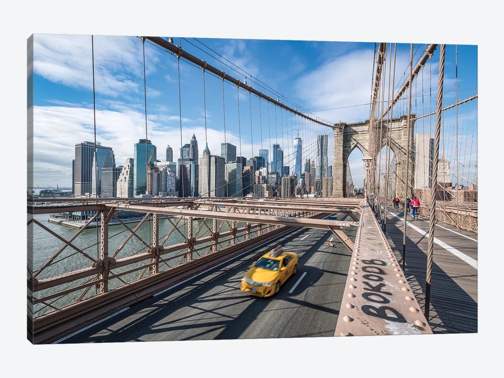 Yellow Cab Crossing The Brooklyn Bridge In New York City by Jan Becke 1-piece Canvas Artwork