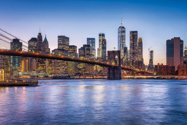Brooklyn: Brooklyn Bridge And Manhattan Skyline At Dusk by Jan Becke