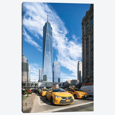 One World Trade Center And Yellow Cabs In New York City Canvas Print #JNB812} by Jan Becke Canvas Artwork