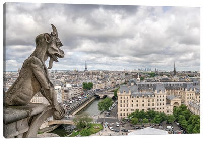 Notre Dame Gargoyle And Skyline Of Paris, France Canvas Art Print - Notre Dame Cathedral
