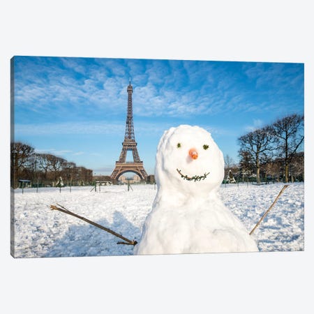 Snowman And Eiffel Tower At The Champs De Mars In Winter, Paris, France Canvas Print #JNB864} by Jan Becke Canvas Wall Art