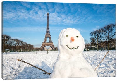 Snowman And Eiffel Tower At The Champs De Mars In Winter, Paris, France Canvas Art Print - Snowman Art