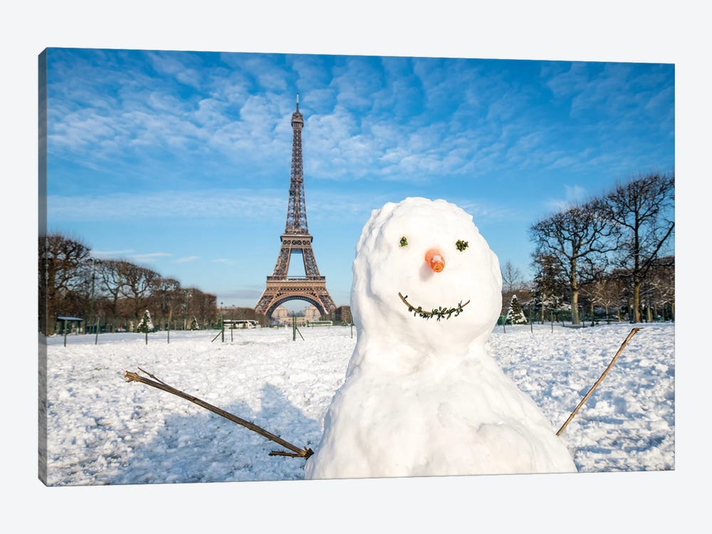 Snowman And Eiffel Tower At The Champs De Mars In Winter, Paris, France by Jan Becke 1-piece Canvas Art