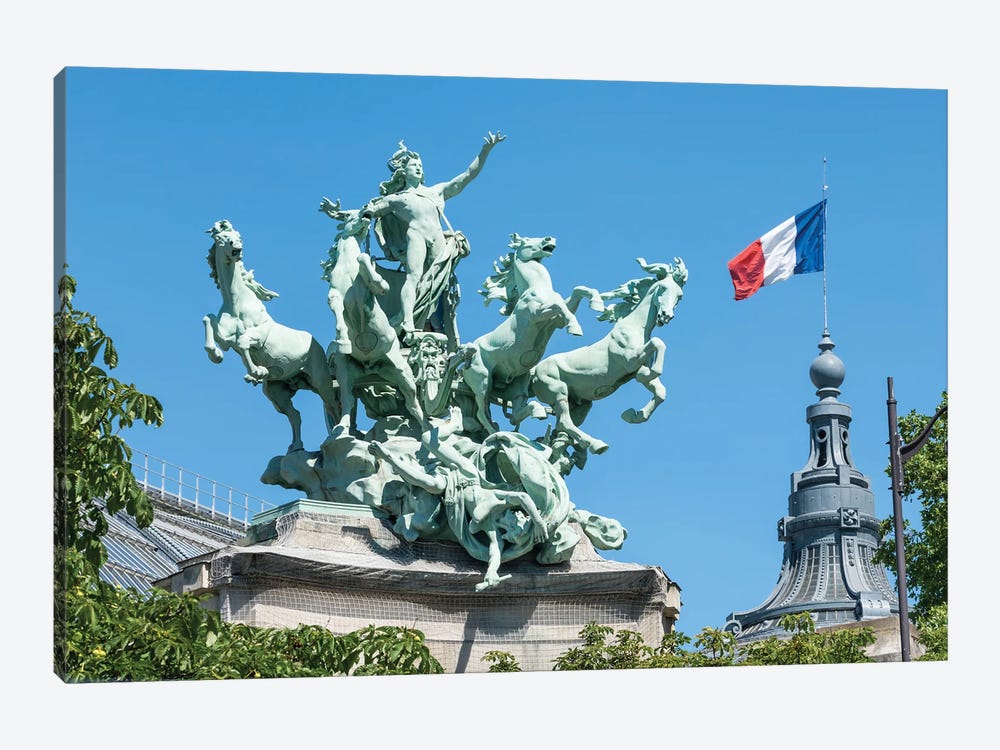 The Grand Palais Recipon's Bronze Statue Of Flying Horses And Chariot, Paris, France by Jan Becke 1-piece Canvas Print
