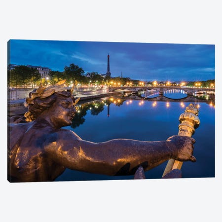 Pont Alexandre III And Eiffel Tower At Night With Statue Of The Nymphes De La Seine, Paris, France Canvas Print #JNB882} by Jan Becke Canvas Art Print