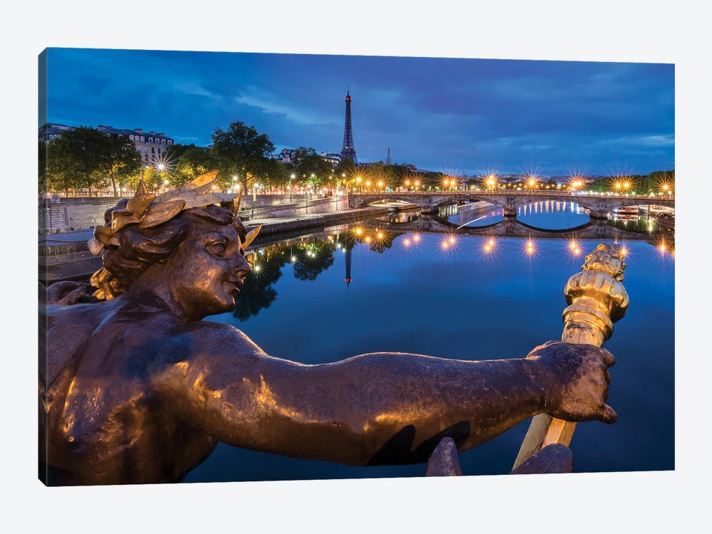 Pont Alexandre III And Eiffel Tower At Night With Statue Of The Nymphes De La Seine, Paris, France by Jan Becke 1-piece Canvas Wall Art
