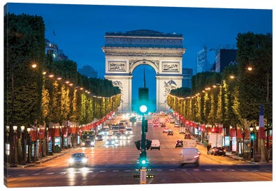 Arc De Triomphe And Avenue Des Champs-Élysées At Night, Paris, France Canvas Art Print