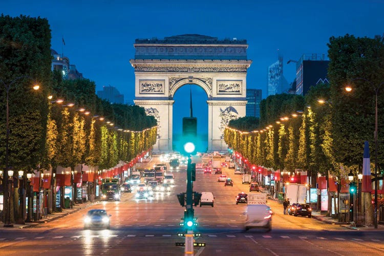 Arc De Triomphe And Avenue Des Champs-Élysées At Night, Paris, France